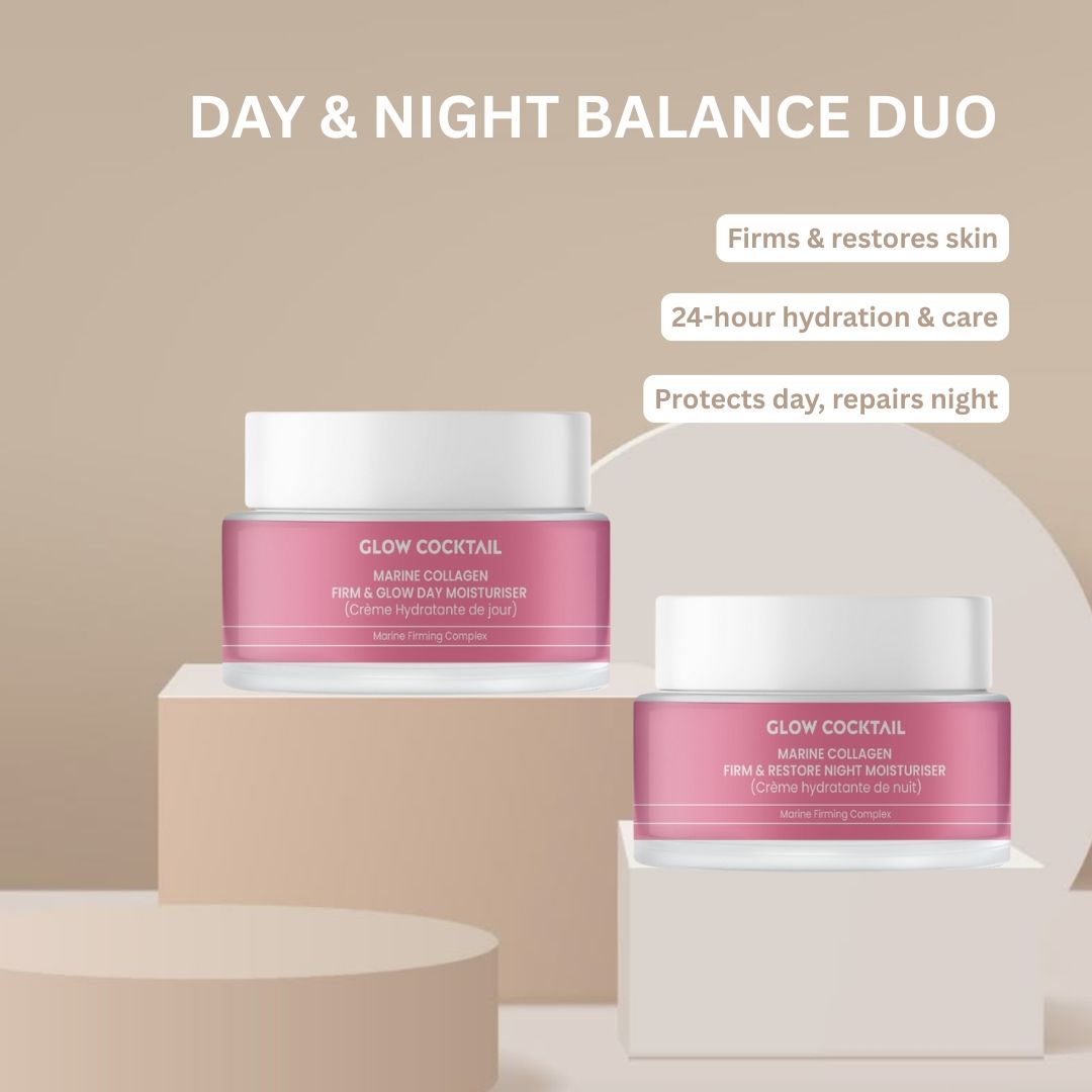 Deux pots sur des socles. Inscription : Glow Cocktail, Marine Collagen, Firm & Glow Day Moisturiser, Marine Firming Complex. Texte : Day & Night Balance Duo.