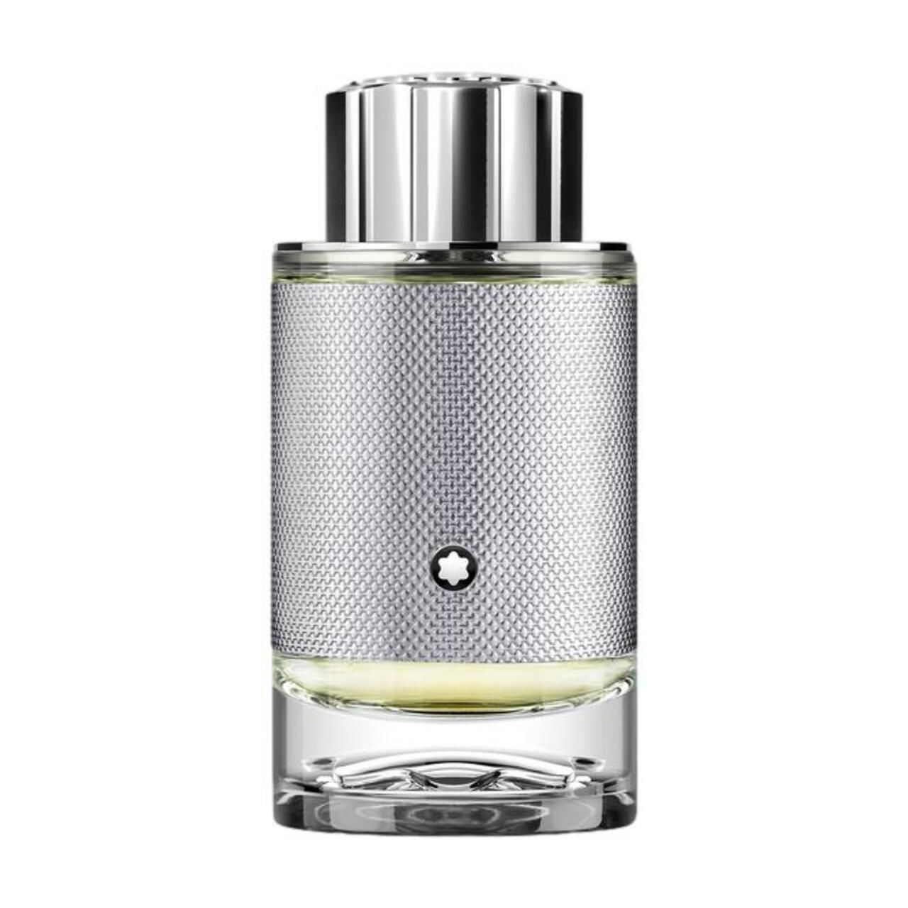 Montblanc Explorer Platinum EdP Nat. Spray. Flacon argenté avec bouchon argenté. Flacon avec logo. Fond en verre clair. Fond blanc.