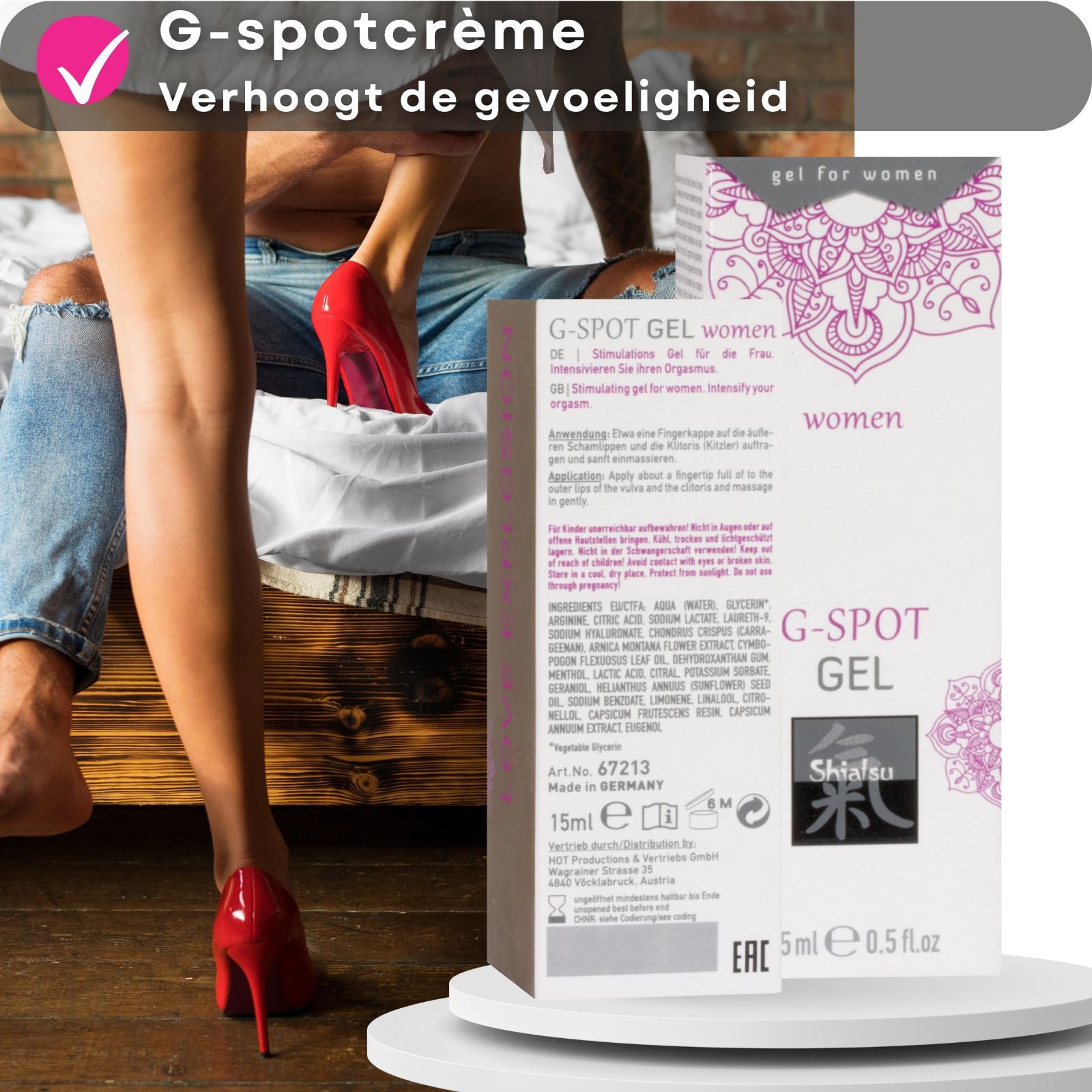 Product en paar. Doos en tekst: G-Spot Gel. Voordelen: gevoeligheid, huidverzorging.