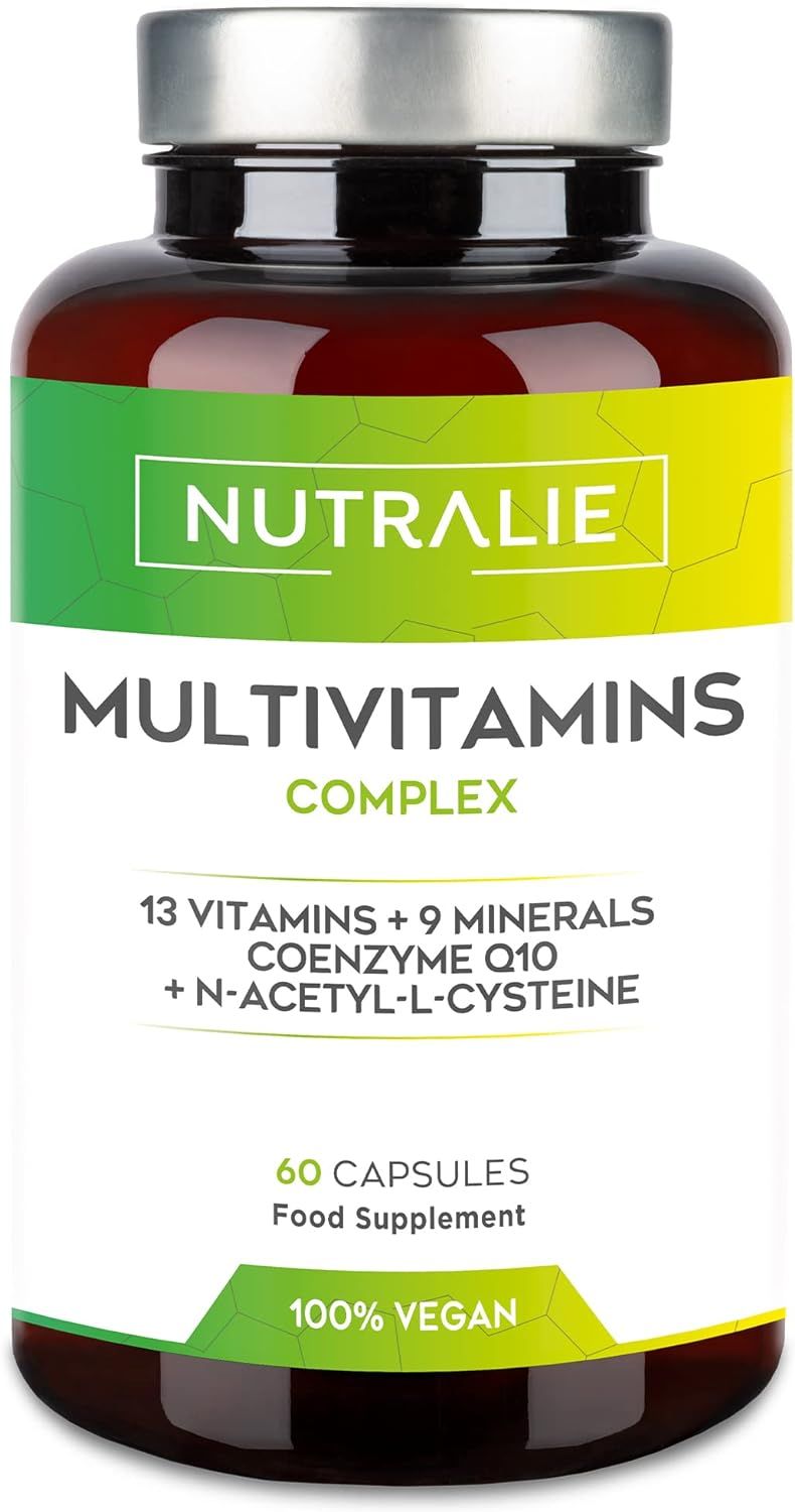 Flacon brun de Nutralie Multivitamines. Inscription : Multivitamins Complex, 60 gélules, 100% Vegan.