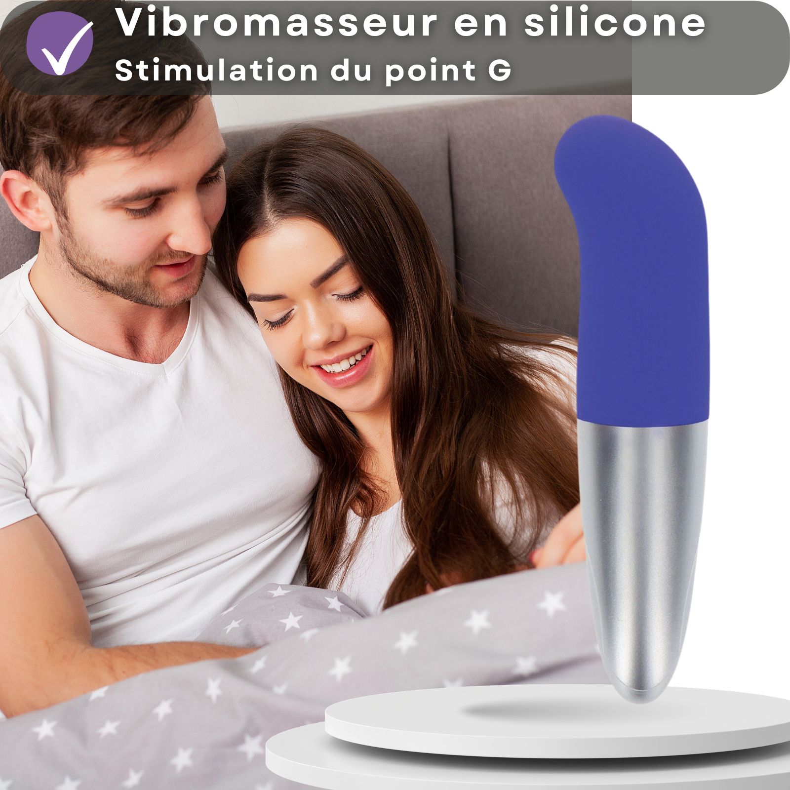 Vibrateur bleu et argenté. Stimulation du point G.