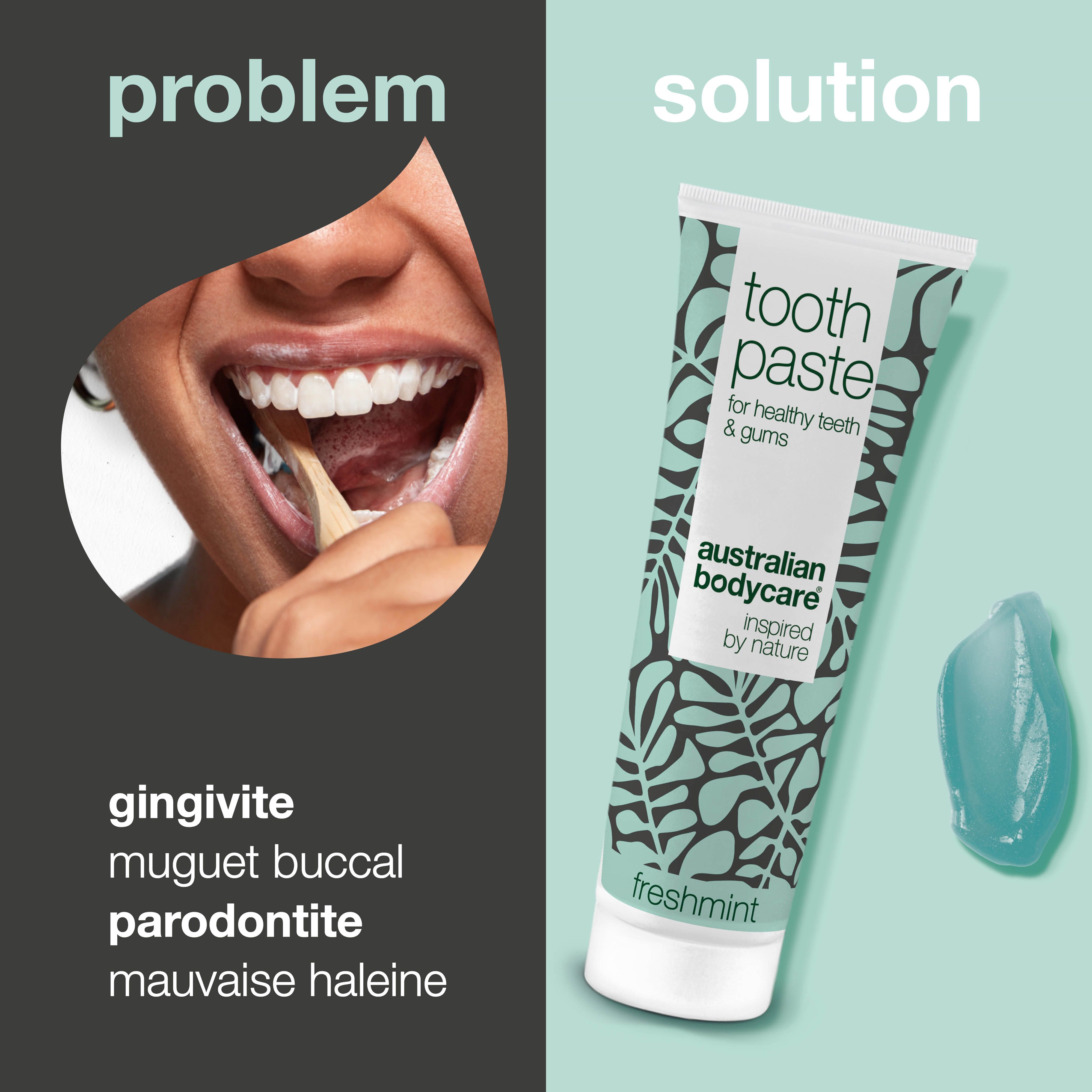 Collage de personnes avec des produits. Tube de dentifrice avec motif floral. Texte : Australian Bodycare Skincare.