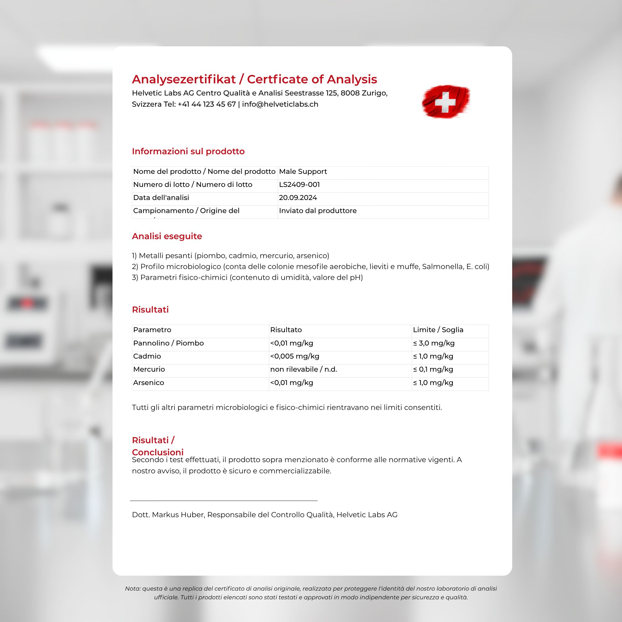 Certificat d'analyse. Texte : Soutien pour hommes. Résultats : Plomb, cadmium, mercure, arsenic.