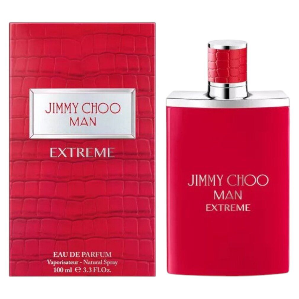 Jimmy Choo Man Extreme Eau de Parfum fles en verpakking. Rode krokodillenleren textuur.