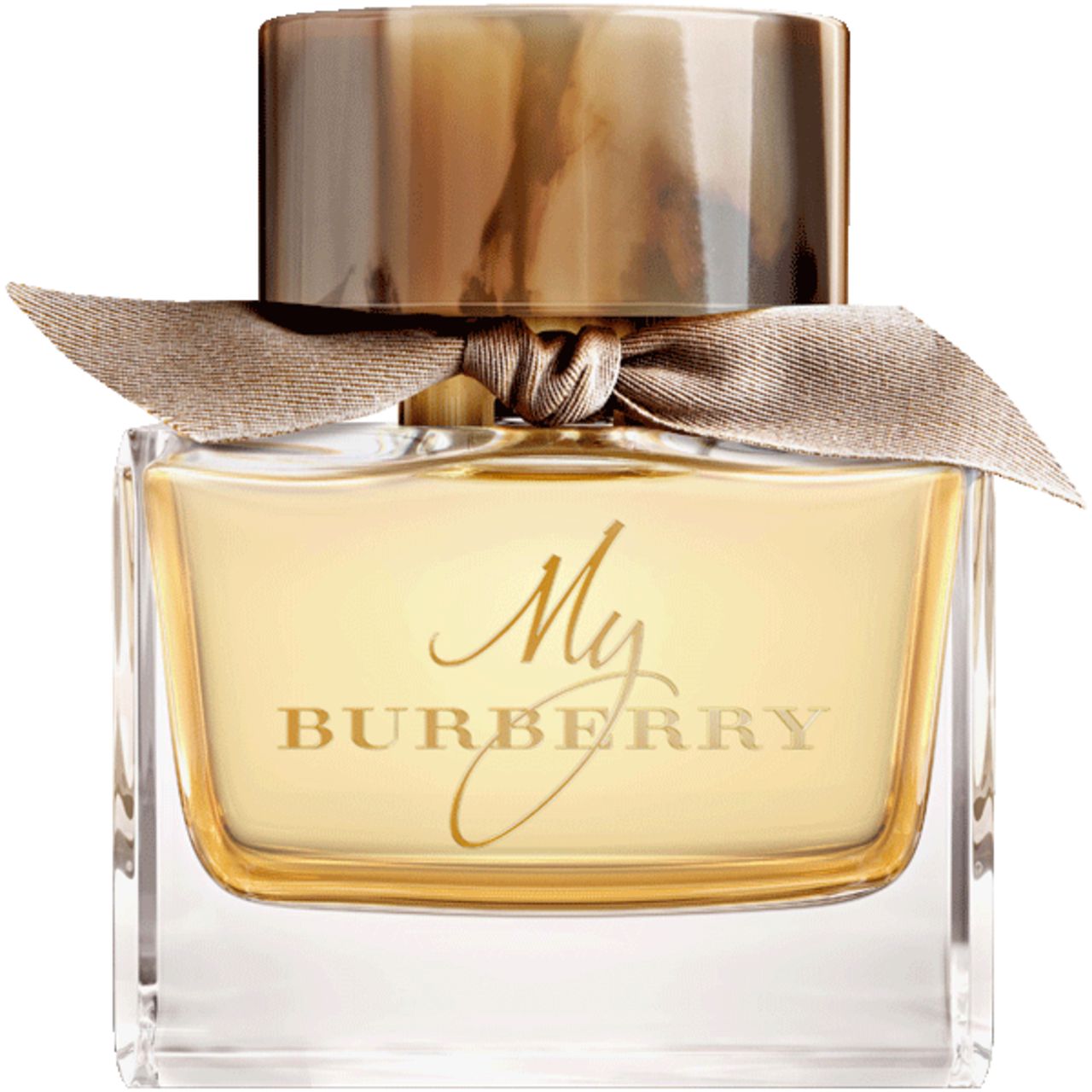 Parfumfles met gouden dop en strik. Opschrift 'My BURBERRY'.