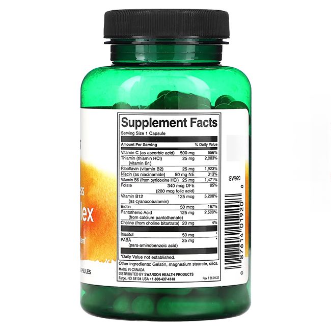 Flacon vert de gélules. Étiquette avec informations nutritionnelles, vitamines et ingrédients. Bouchon noir.