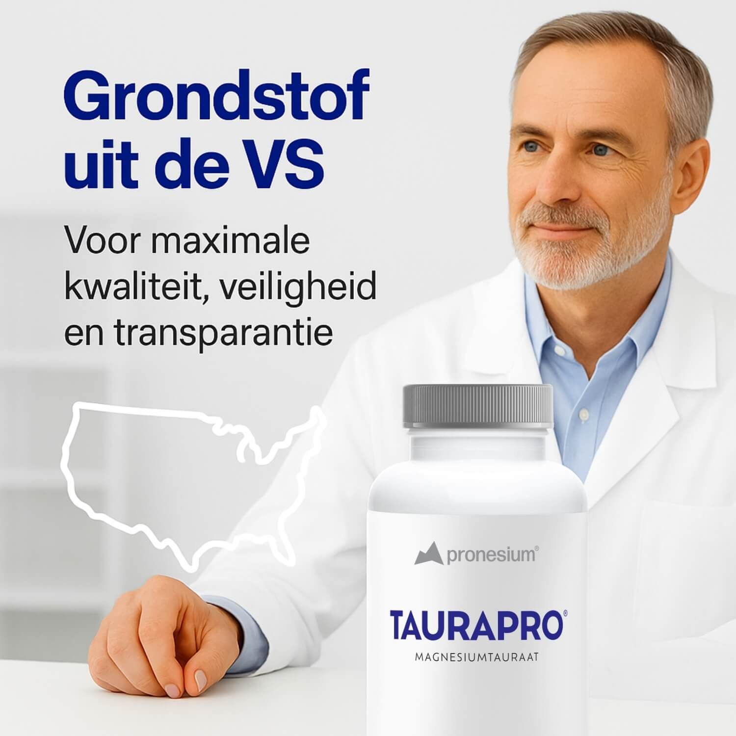 Man in witte jas met fles TAURAPRO. Tekst: Grondstof uit de VS. Voor maximale kwaliteit.
