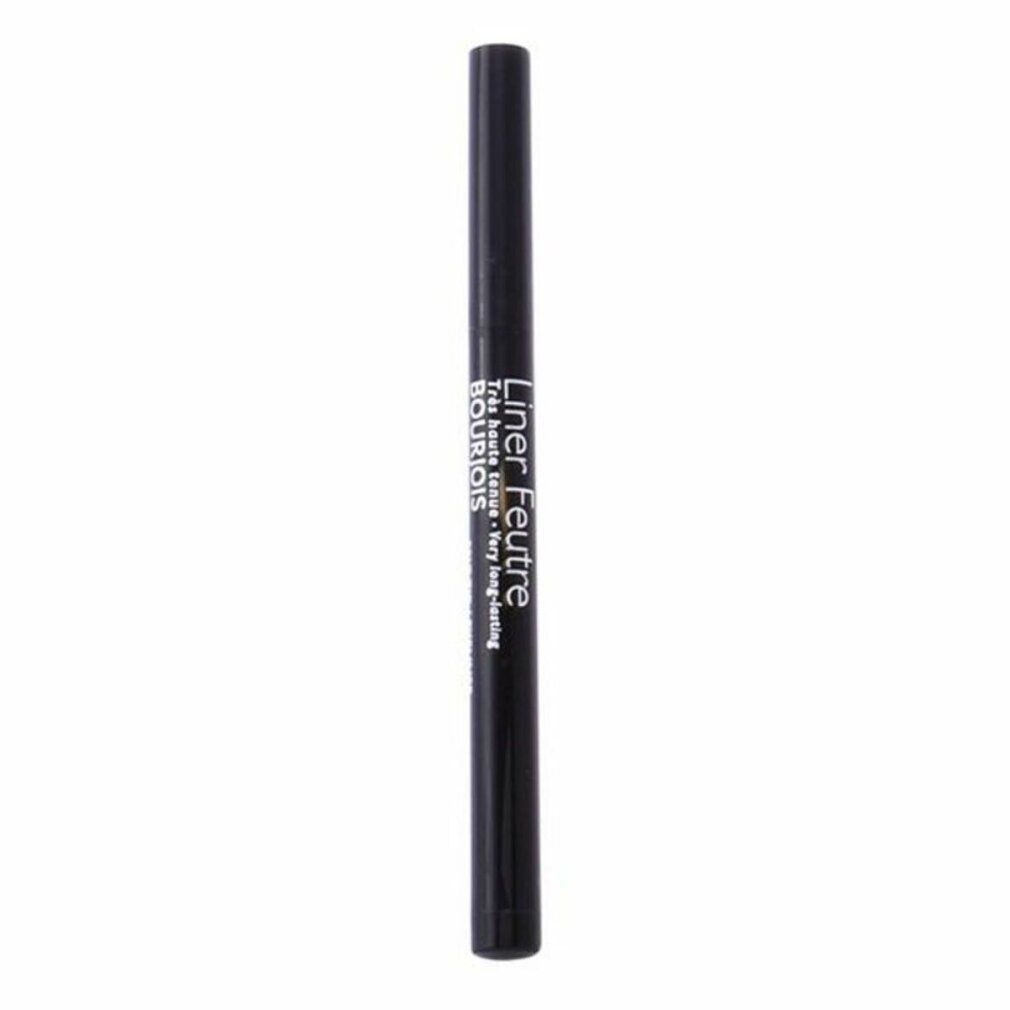 Zwarte Bourjois Liner Feutre eyeliner. Cilindrische vorm, zwarte dop. Tekst: Liner Feutre, Très haute tenue, Very long-lasting.