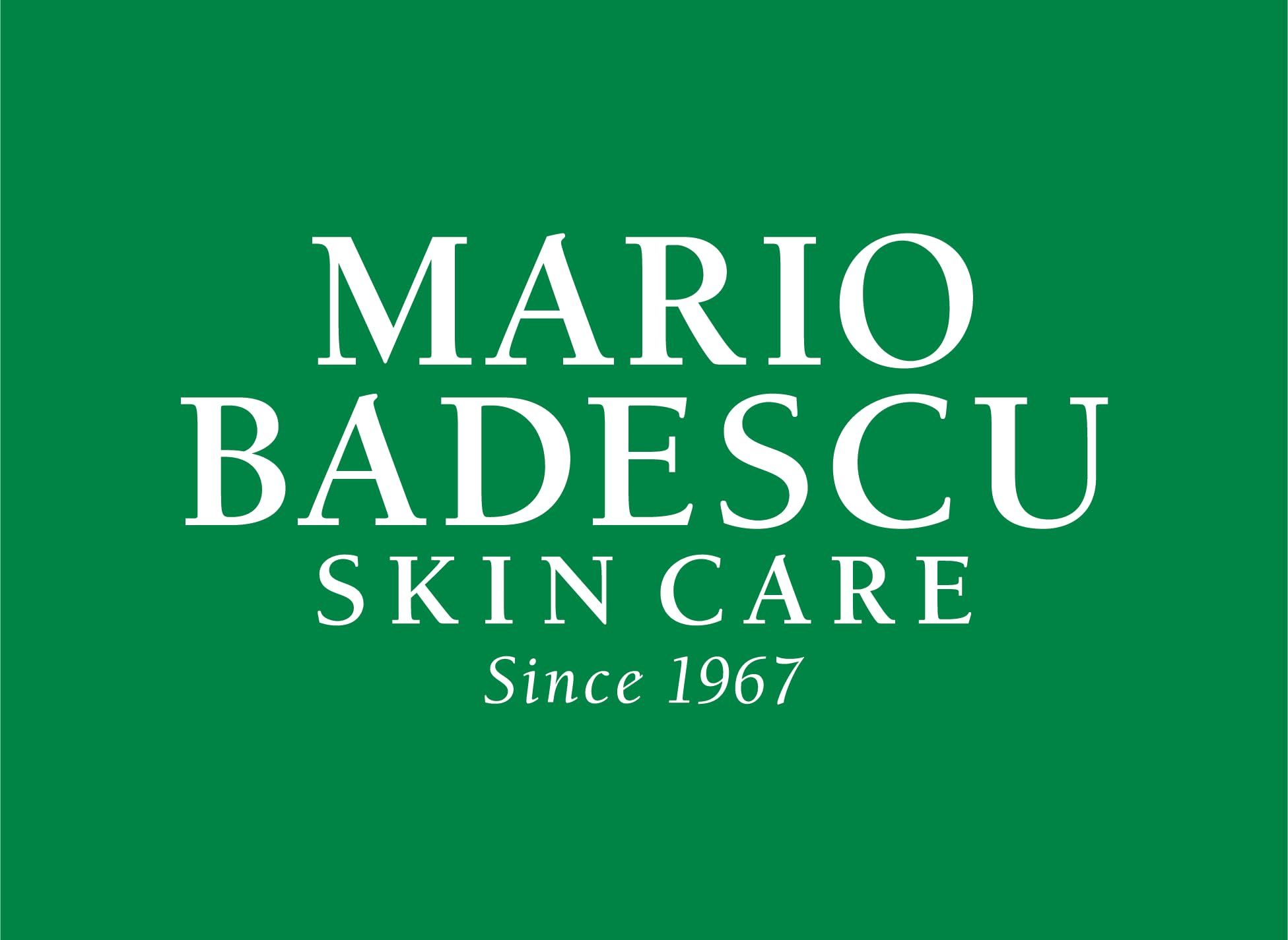 Fond vert avec logo blanc "MARIO BADESCU SKIN CARE" et "Since 1967".