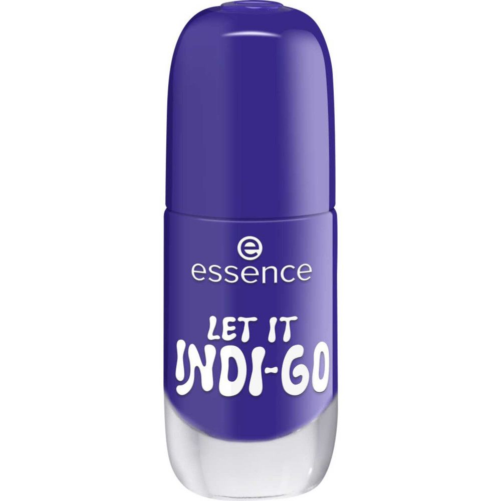 Blauw nagellakflesje. Opschrift: essence, LET IT INDI-GO.