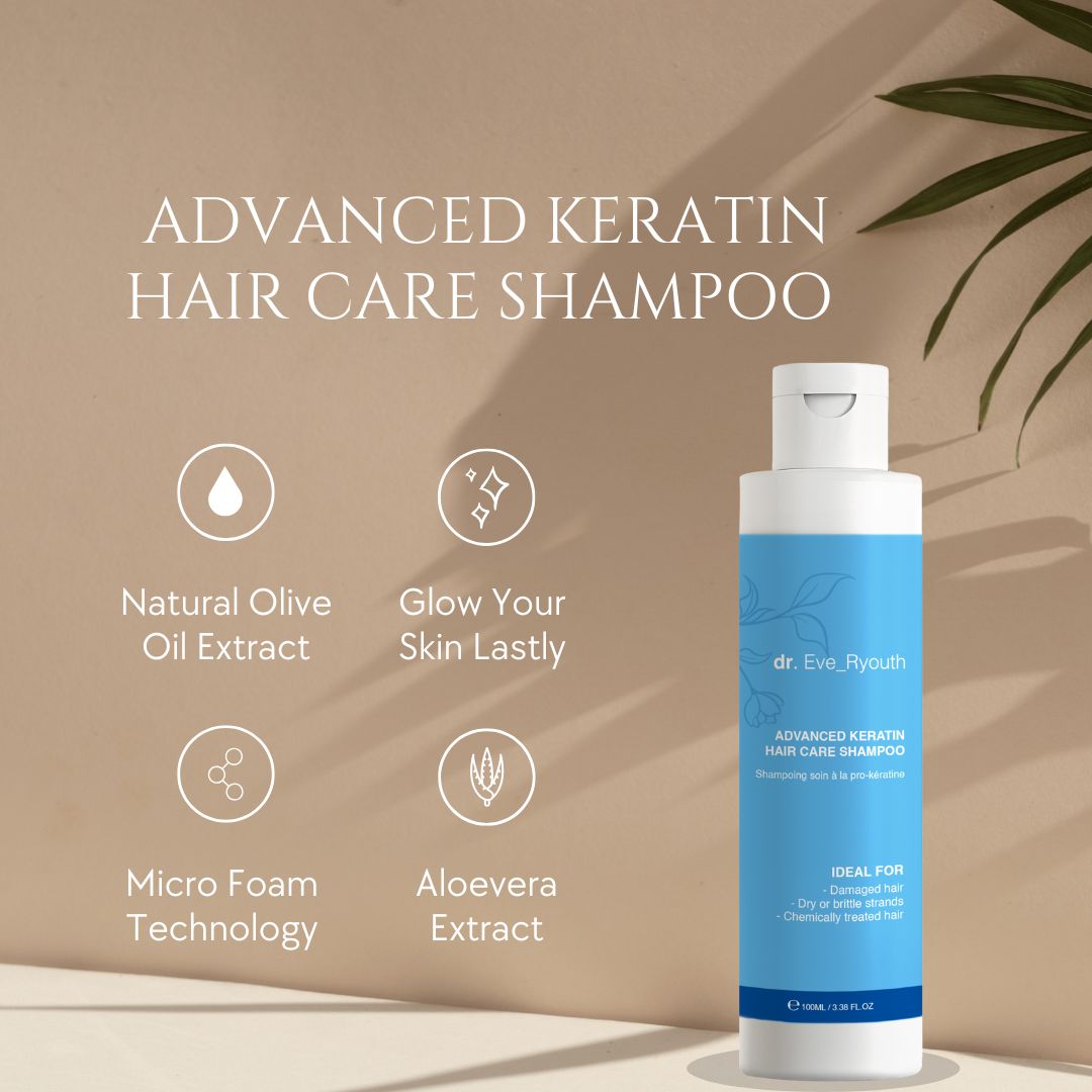 Shampoo fles met blauw etiket. Tekst: Advanced Keratin Hair Care Shampoo. Ingrediënten: olijfolie, aloë vera. Ideaal voor gekleurd haar.