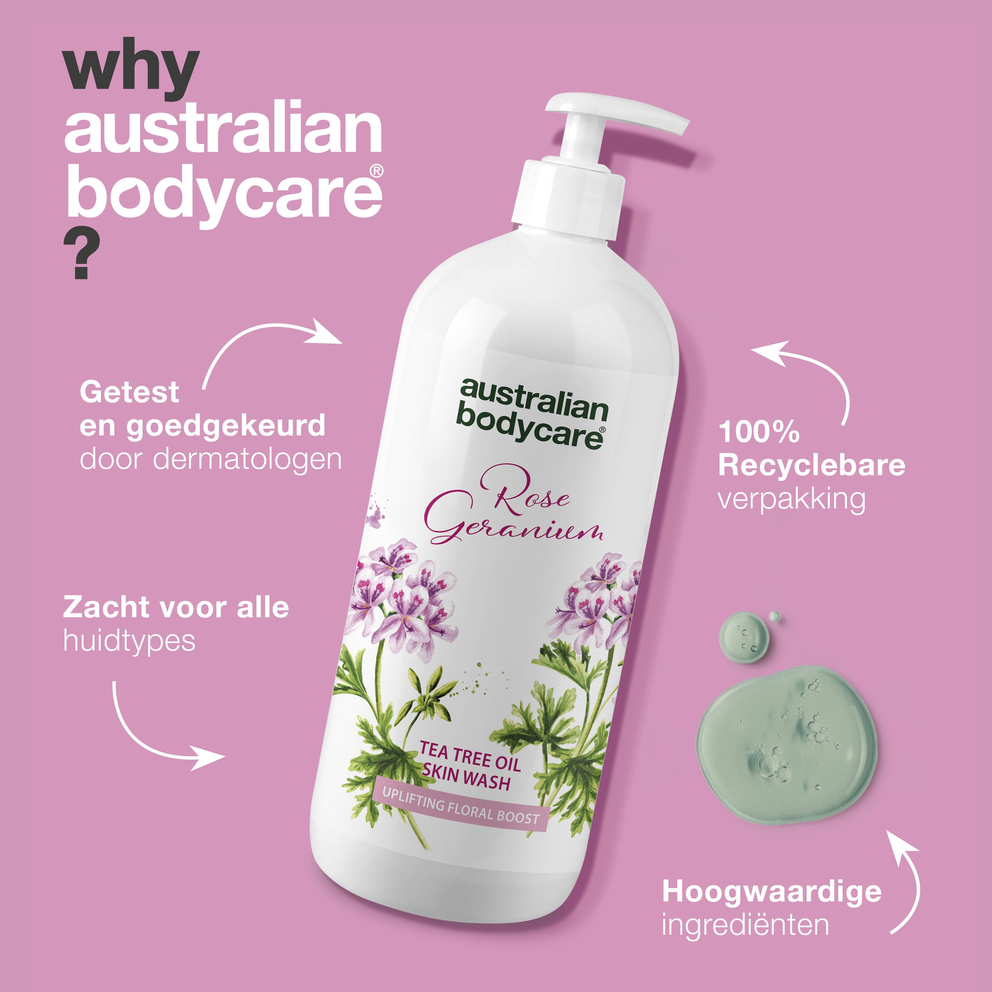 Productfles met pomp. Opschrift: Rose Geranium, Tea Tree Oil Skin Wash. Tekst: Waarom Australian Bodycare?