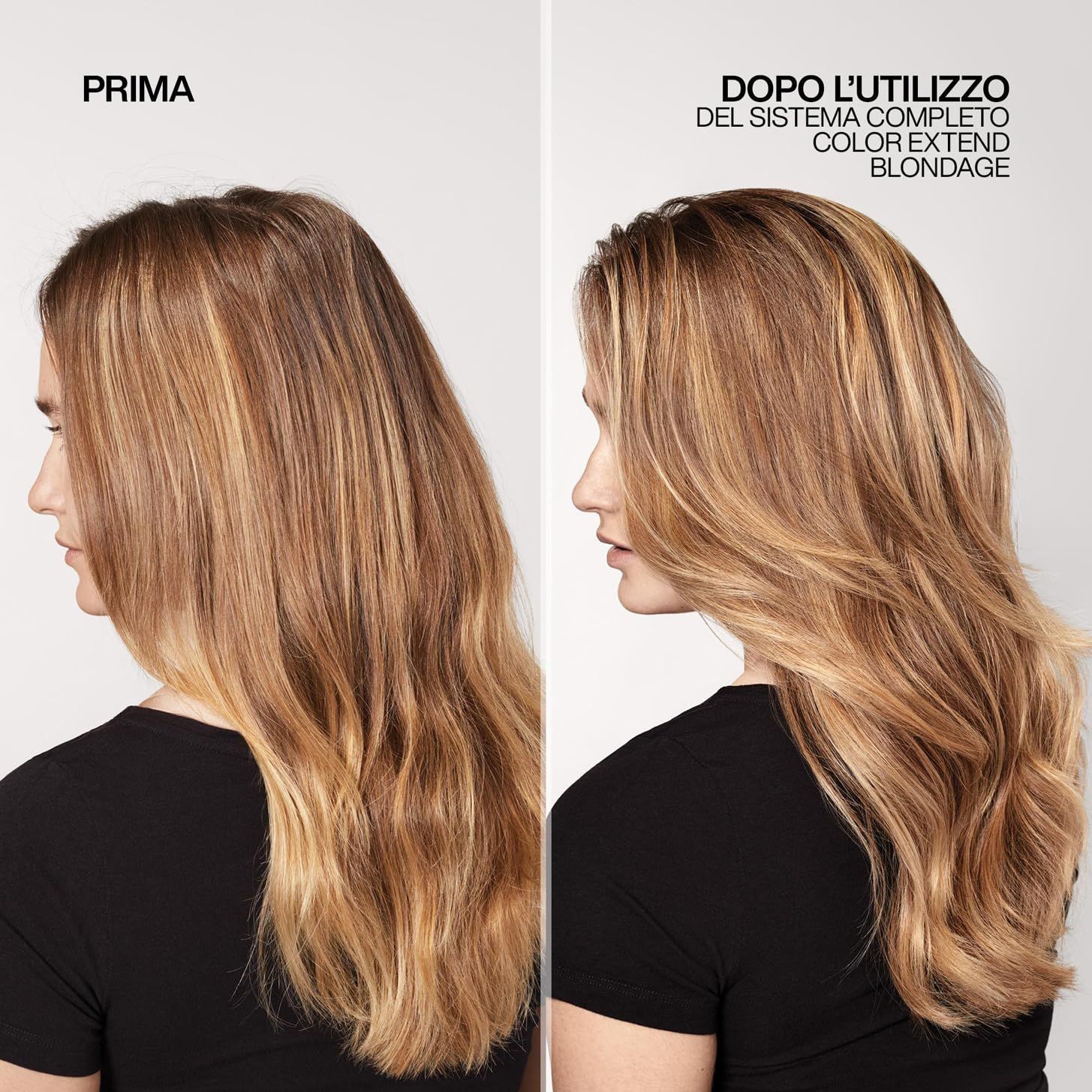 Voor-en-na vergelijking van blond haar. Links: voor. Rechts: na, met glanzender haar.