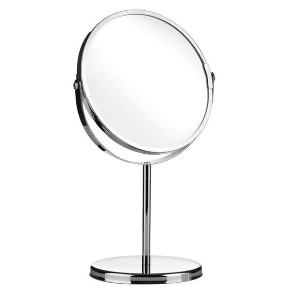 Miroir cosmétique grossissant 5x, pivotant à 360°, sur pied rond. Acier inoxydable.