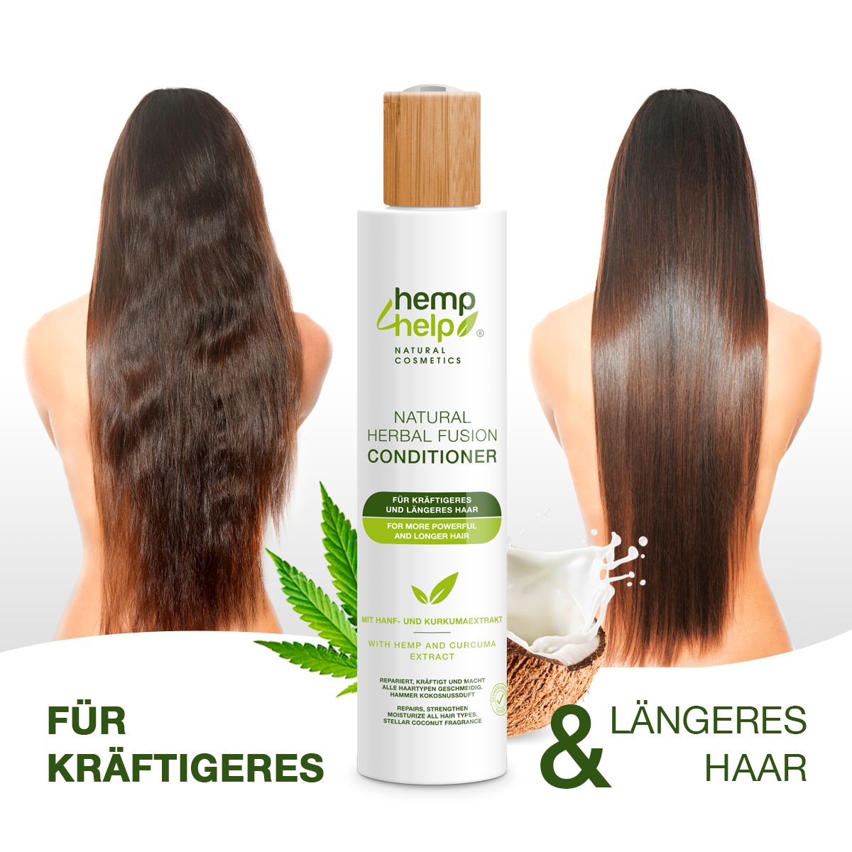 Fles conditioner. Rommelig haar links, glad haar rechts. Tekst: Voor sterker en langer haar.