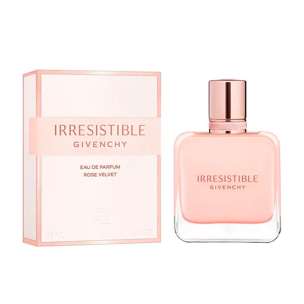 Roze parfumfles en verpakking. Opschrift: Irresistible Givenchy, Eau de Parfum Rose Velvet. Rechthoekige fles met roze inhoud.