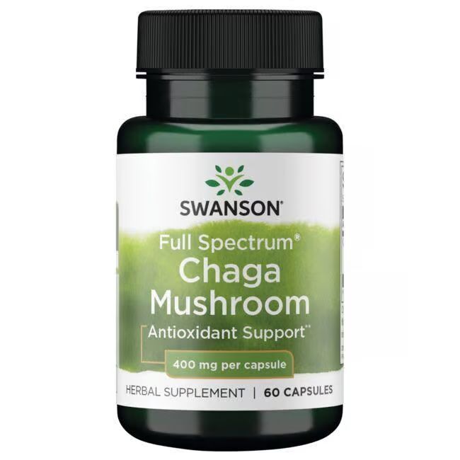 Flacon vert avec étiquette blanche. Inscription: SWANSON, Chaga Mushroom, 400 mg par capsule, 60 capsules.