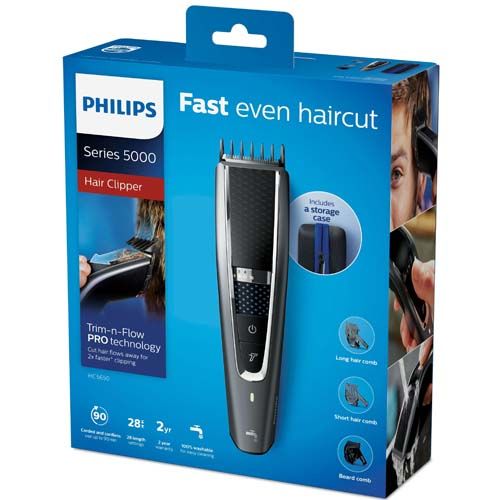 Emballage du tondeuse à cheveux Philips Series 5000 avec illustrations et caractéristiques du produit.