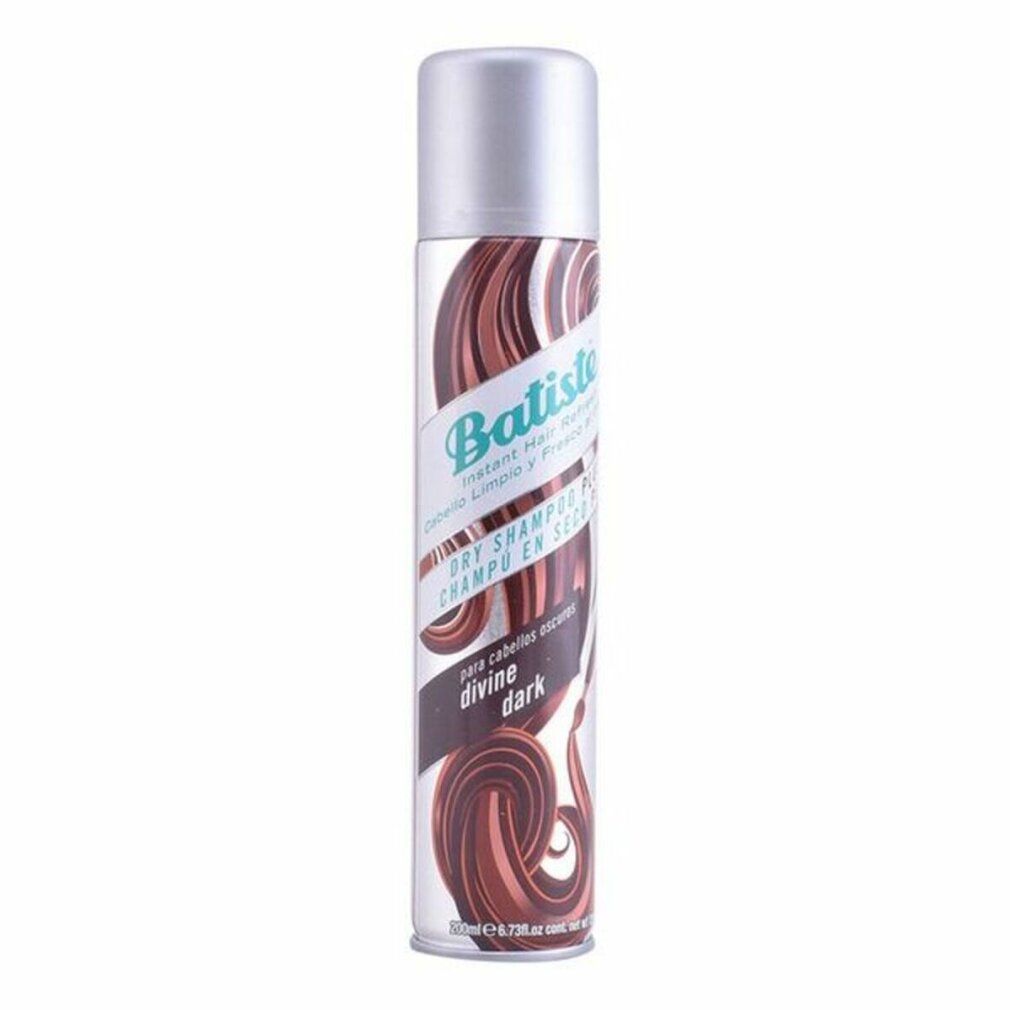 Batiste Dry Shampoo Plus Divine Dark. Bus met bruine krullen en tekst. Zilveren dop.
