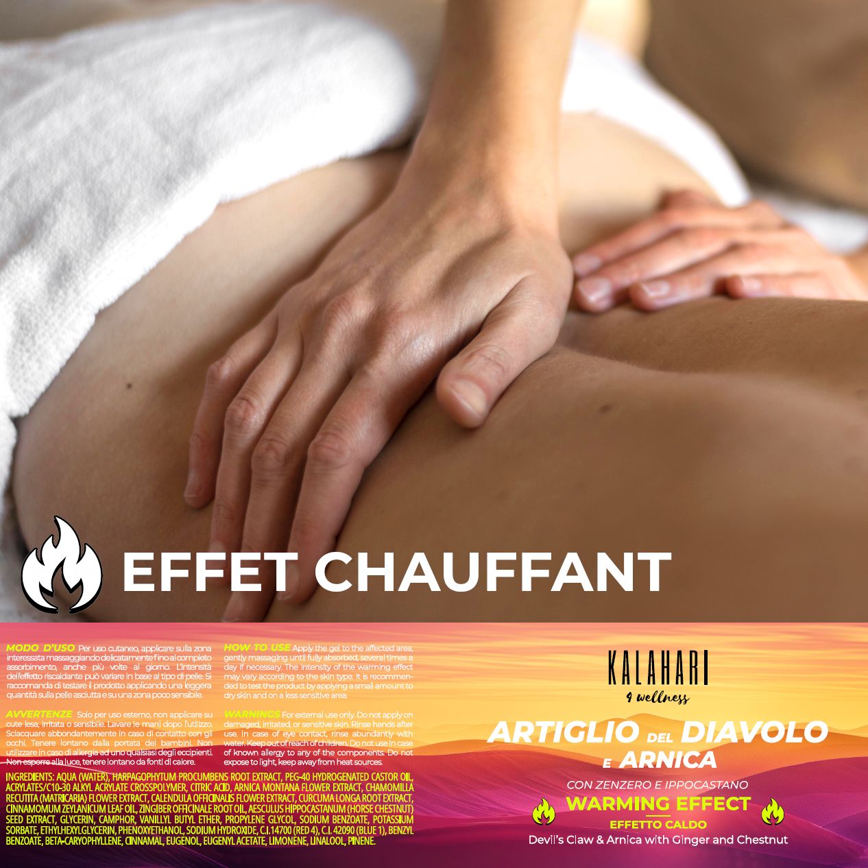 Massage du bas du dos avec gel chauffant. "Warming Effect" sur l'étiquette.