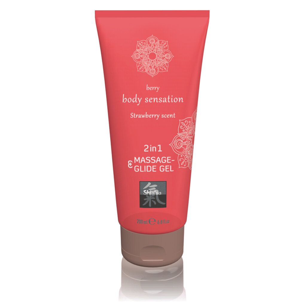 Tube rouge de gel 2 en 1 pour massage et glisse, parfum fraise. 200ml.