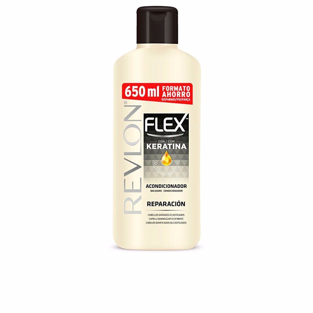 Fles Revlon Flex Conditioner. Zwarte dop, crème fles. Opschrift: Flex, Keratine, 650 ml.