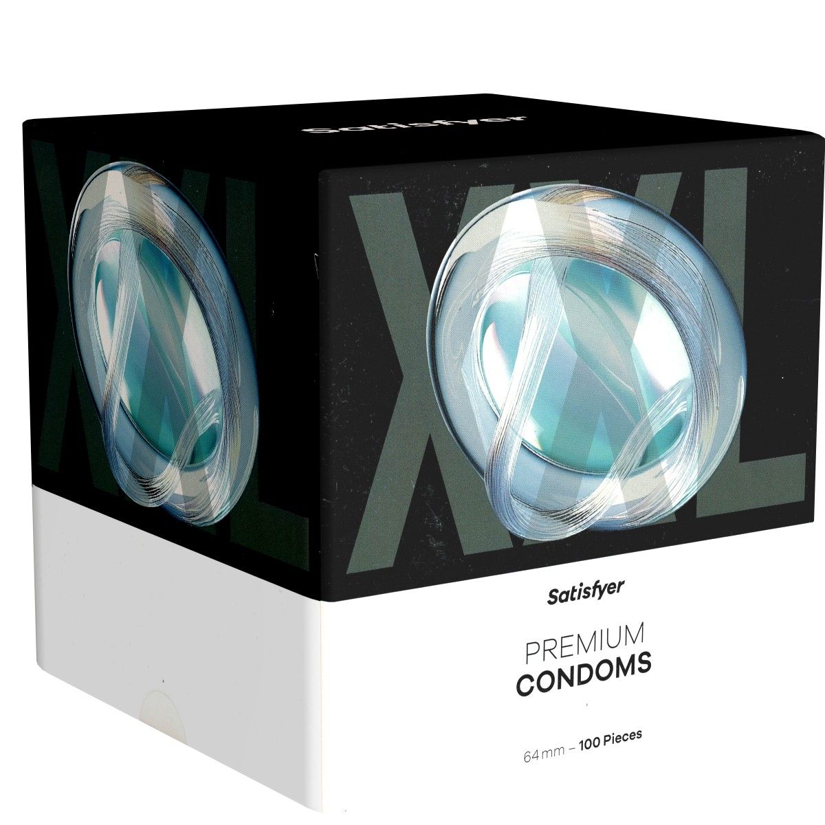Verpakking van Satisfyer Premium Condoms. Zwarte doos met XXL-tekst en productnaam. 64 mm - 100 stuks.