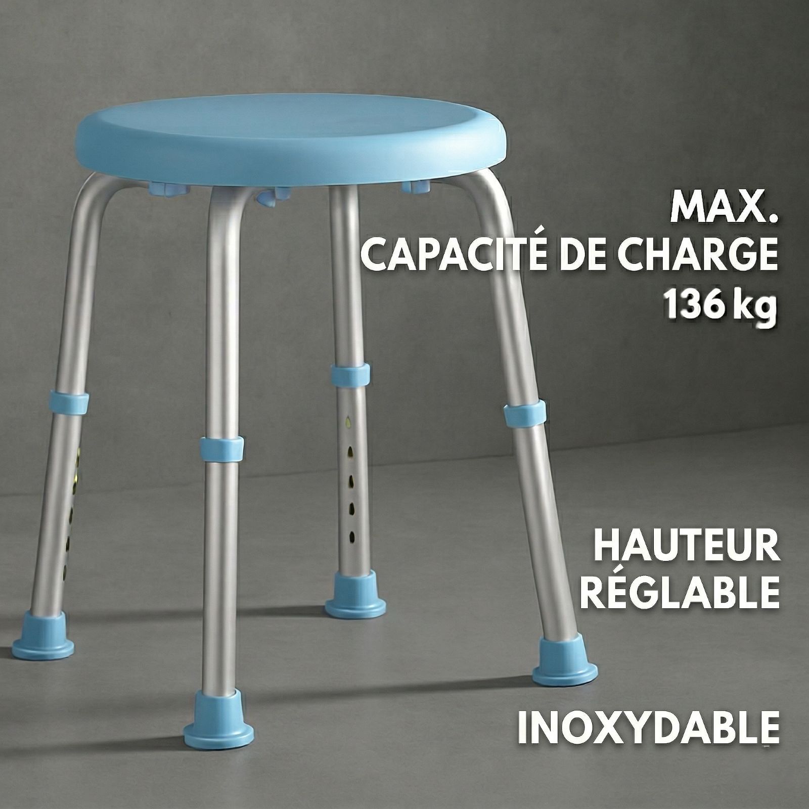Tabouret de douche, bleu et argent. Capacité max. 136 kg. Réglable en hauteur, inoxydable.