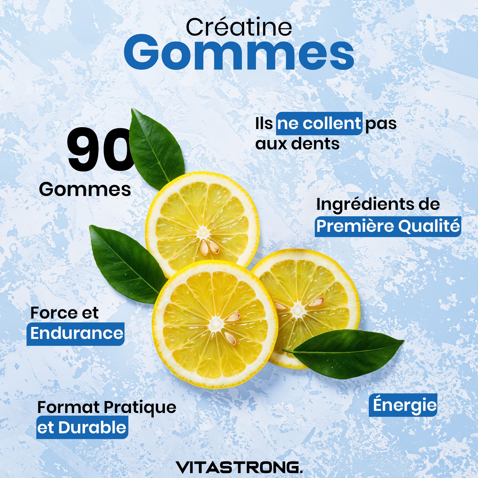 Creatina Gommose, 90 gummies. Citroen en bladeren. Tekst: Kracht en uithoudingsvermogen, praktisch formaat.