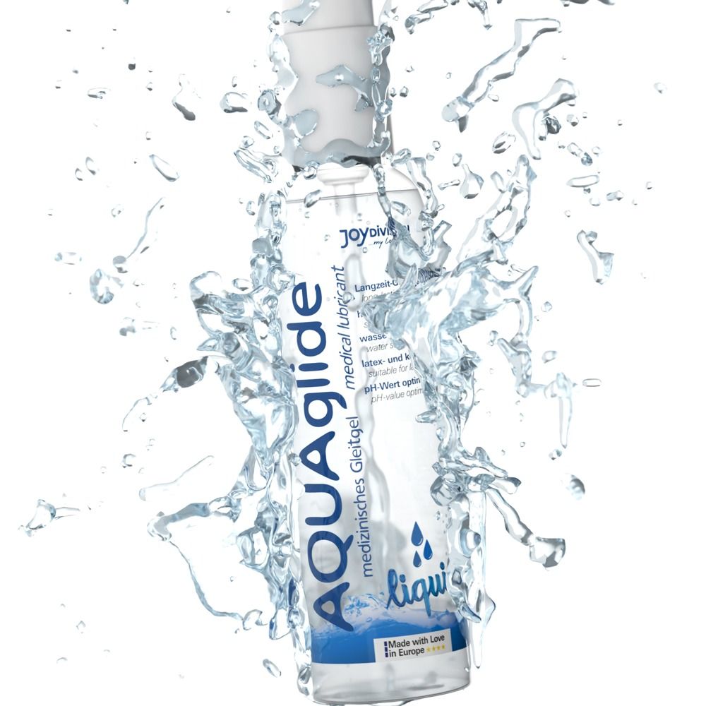Lubrifiant Joydivision AQUAglide Liquid dans un flacon avec pompe, entouré d'éclaboussures d'eau.