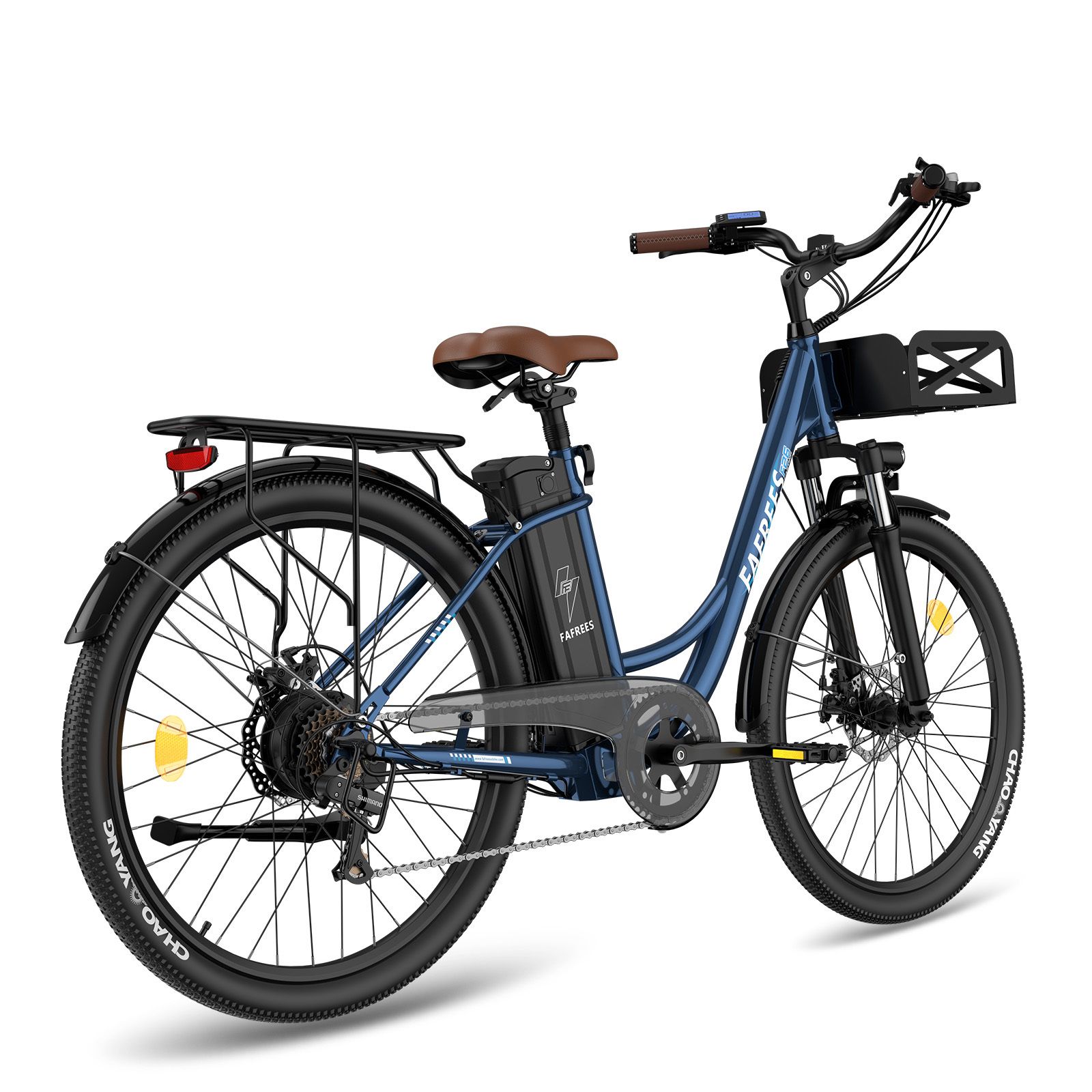 Blauwe e-bike met bruin zadel, bagagerek en mand. Merk FAFREES.