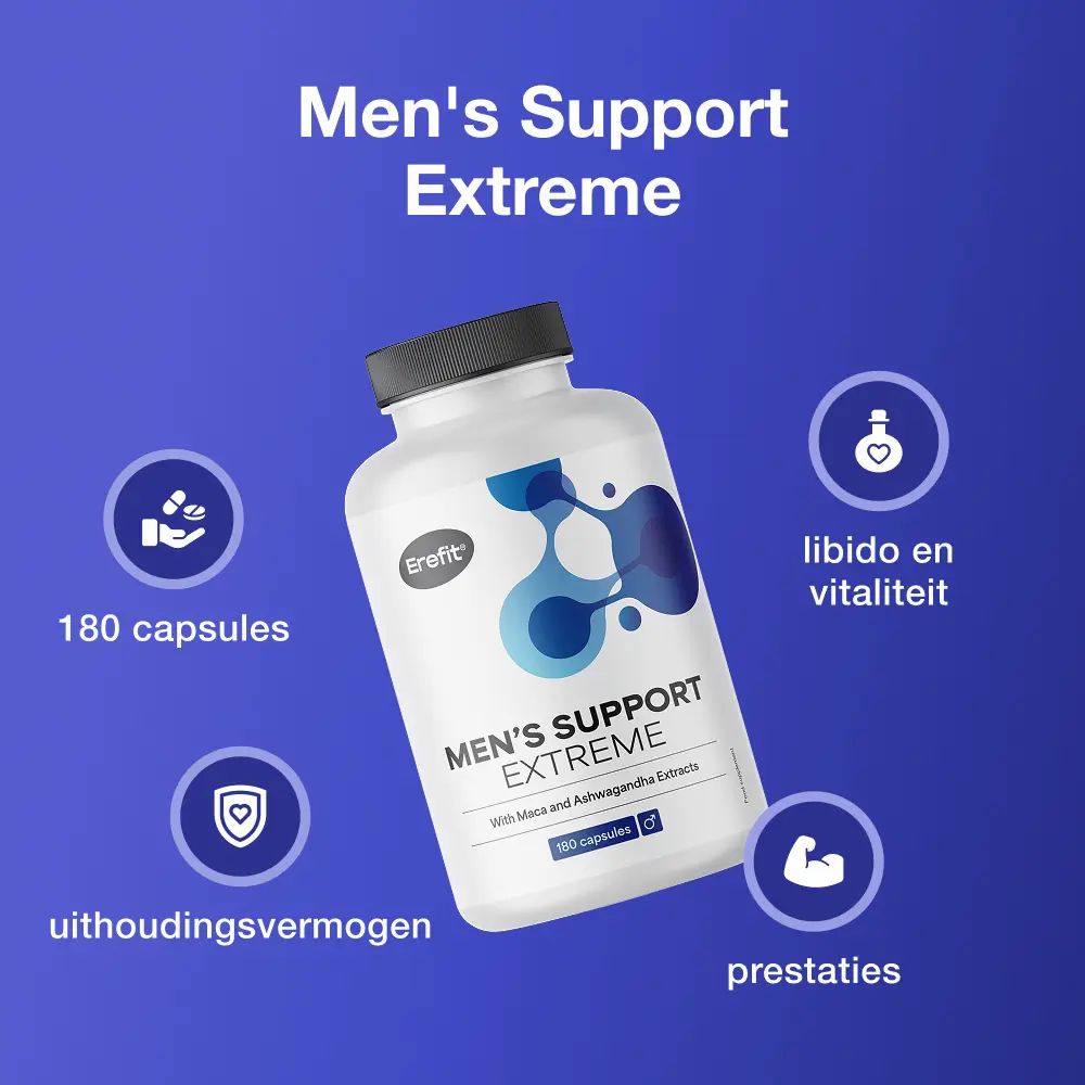 Twee afbeeldingen: man en fles Men's Support Extreme. Merk: Erefit.