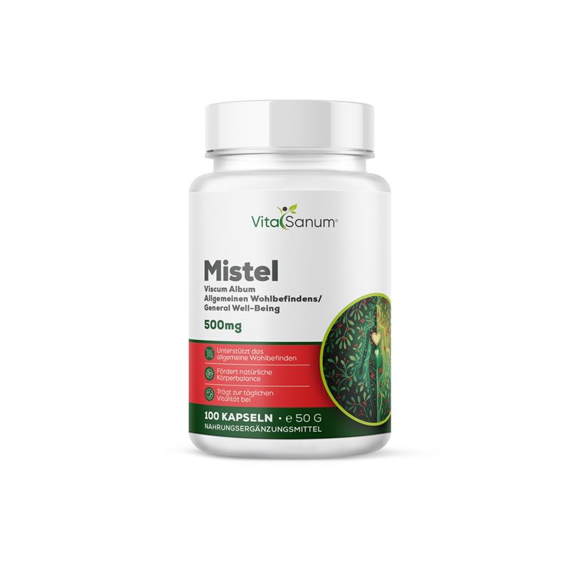 Witte fles met schroefdop. Etiket met productnaam 'Mistel', merk 'VitaSanum' en informatie. 100 capsules.