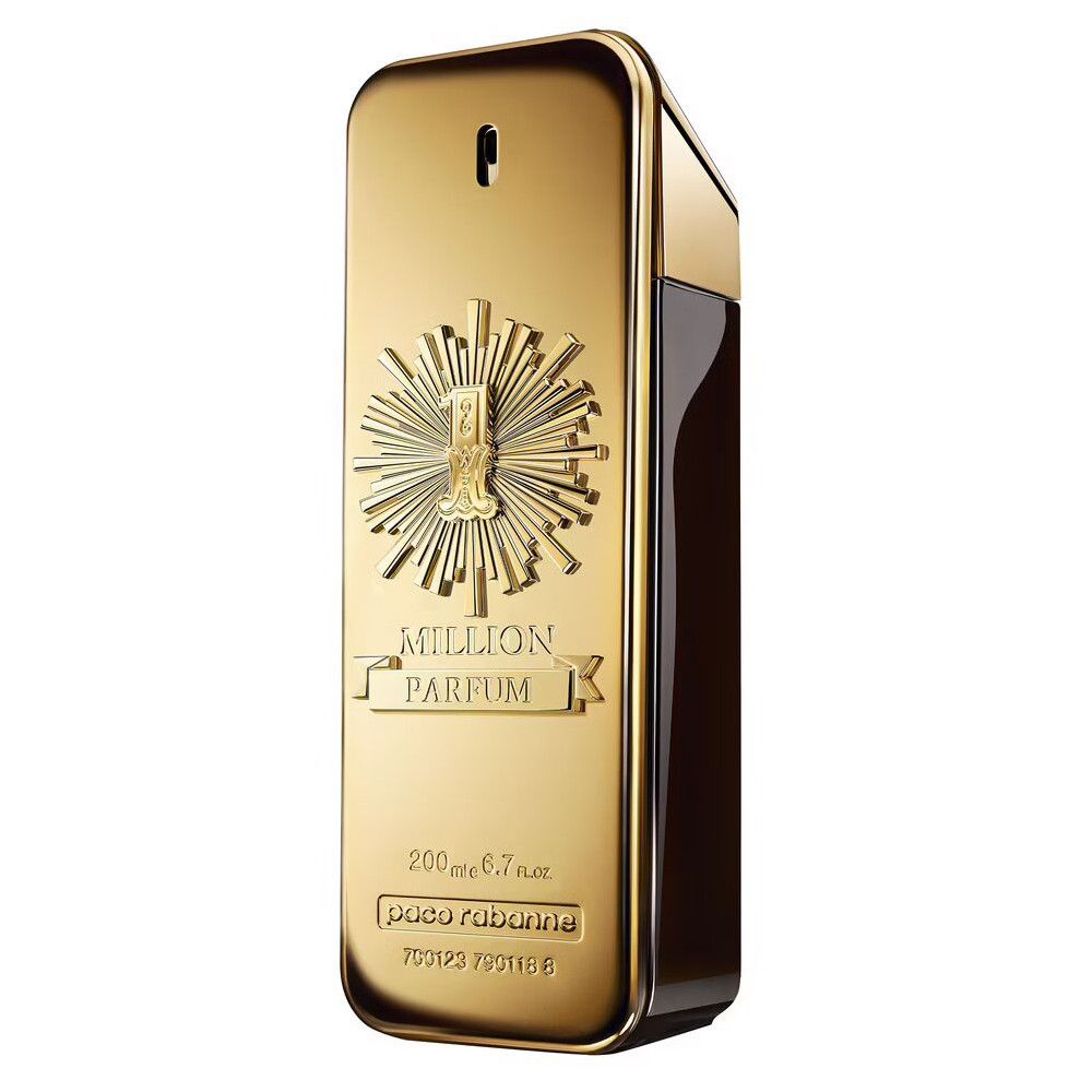 Flacon de parfum doré en forme de lingot. Inscription: 1 Million Parfum, Paco Rabanne. 200 ml.