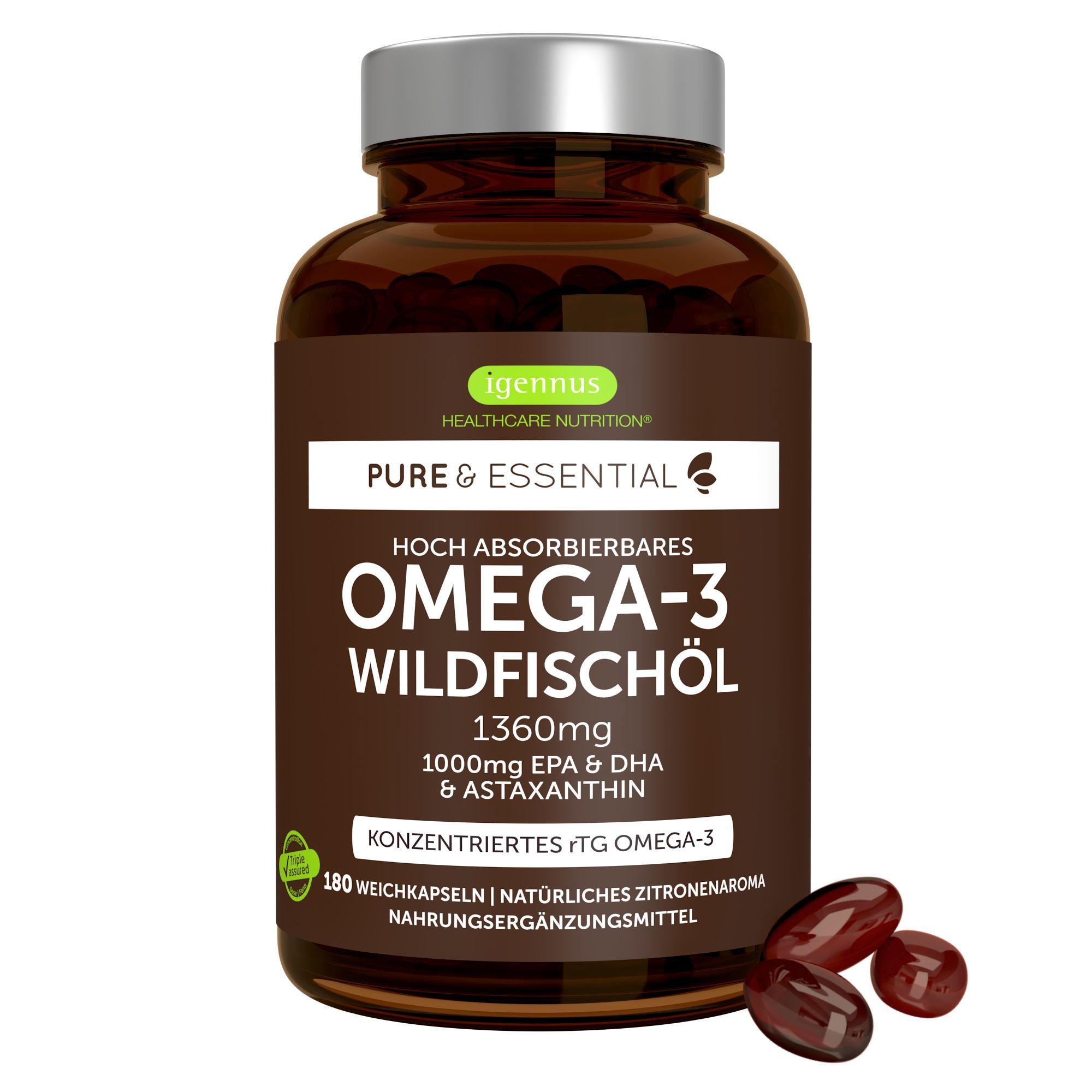 Flacon en verre brun contenant des gélules Igennus Omega-3, trois gélules à côté.