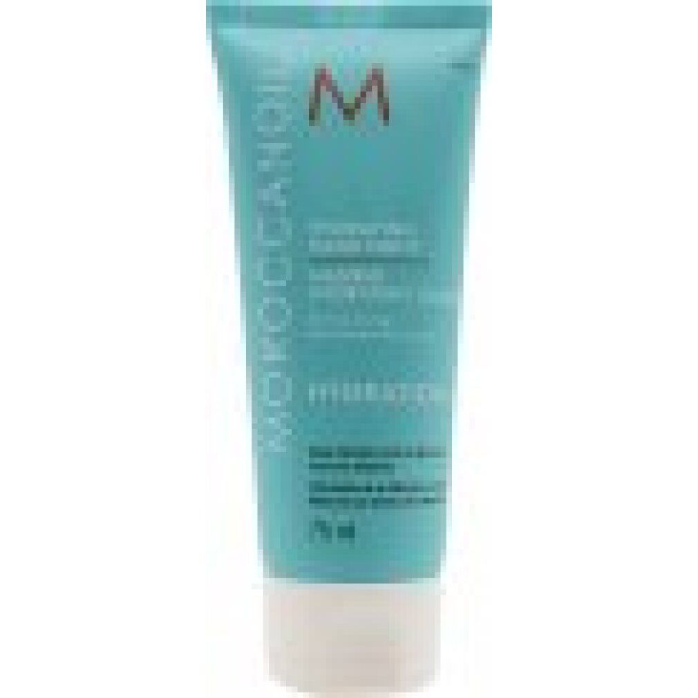 Turquoise tube met witte dop. Opschrift: Moroccanoil, Hydration. Voor fijn haar. 75 ml.