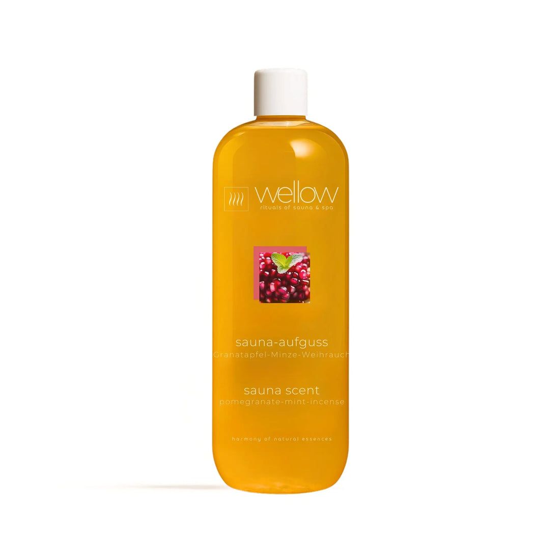 Gele fles met witte dop. Opschrift: Wellow, Sauna-Aufguss, Granatapfel-Minze-Weihrauch, Sauna Scent.