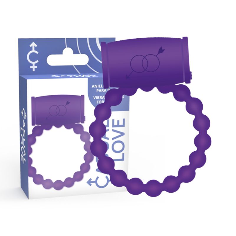 Anneau vibrant violet avec perles et embout. Emballage avec image du produit et texte Casual Love.