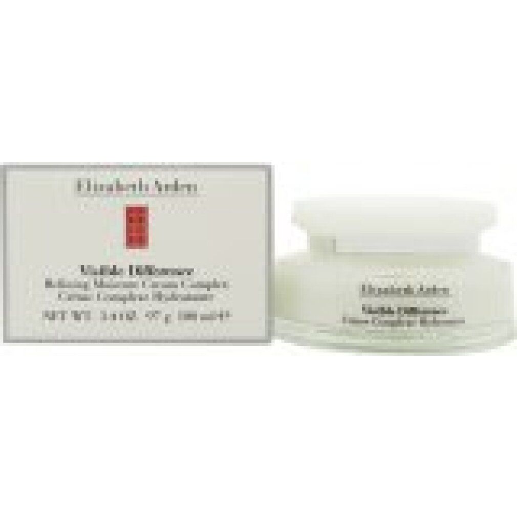 Pot de crème et boîte. Inscription: Elizabeth Arden Visible Difference Refining Moisture Creme Complex. Emballage blanc.