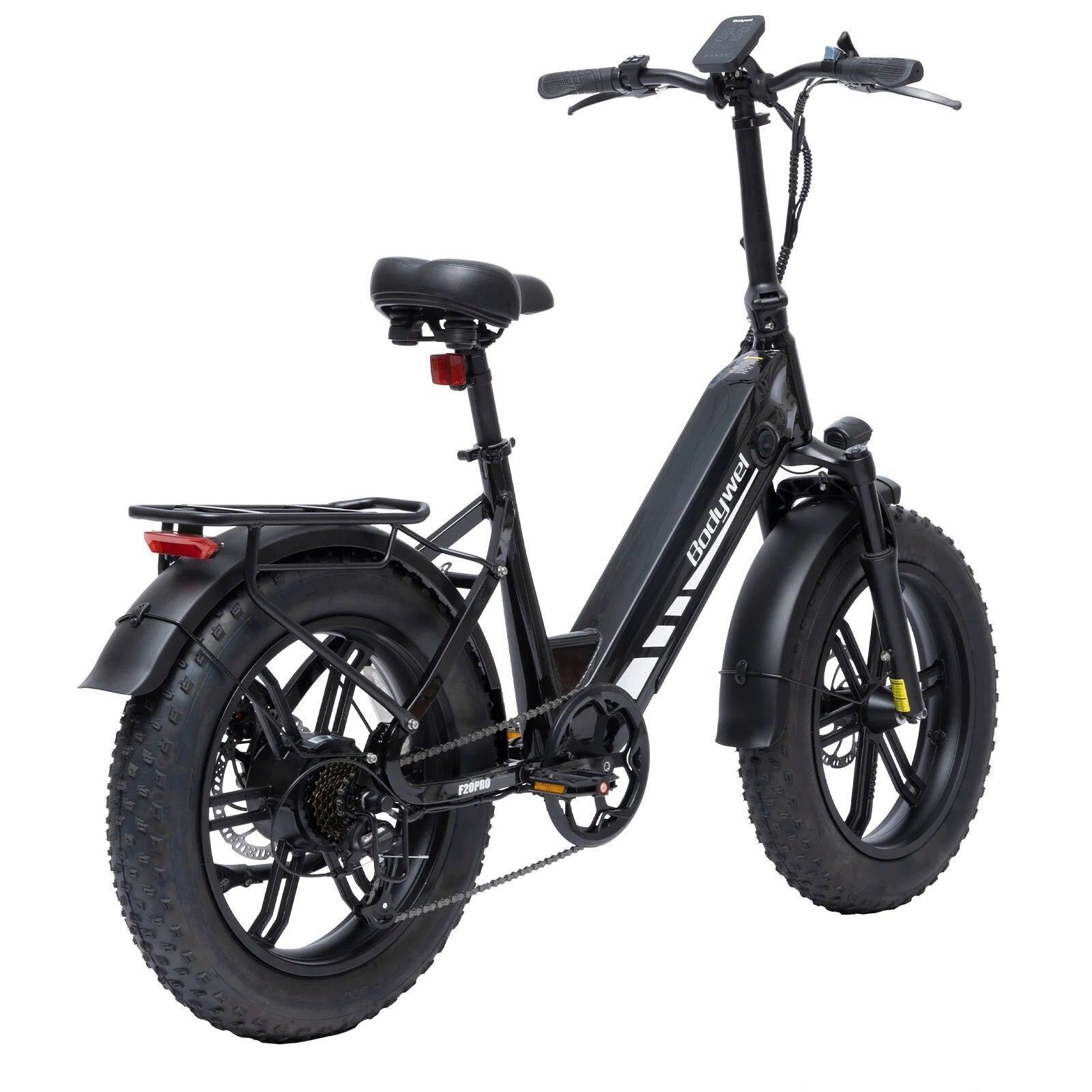 Zwarte Bodywel F20PRO elektrische fiets. Brede banden, bagagedrager, spatborden. Merk Bodywel zichtbaar.