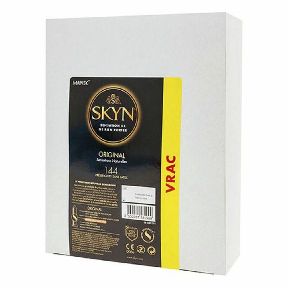 Emballage SKYN Original. Boîte blanche avec emballage noir et doré. "Original", "144" et "VRAC" visibles.