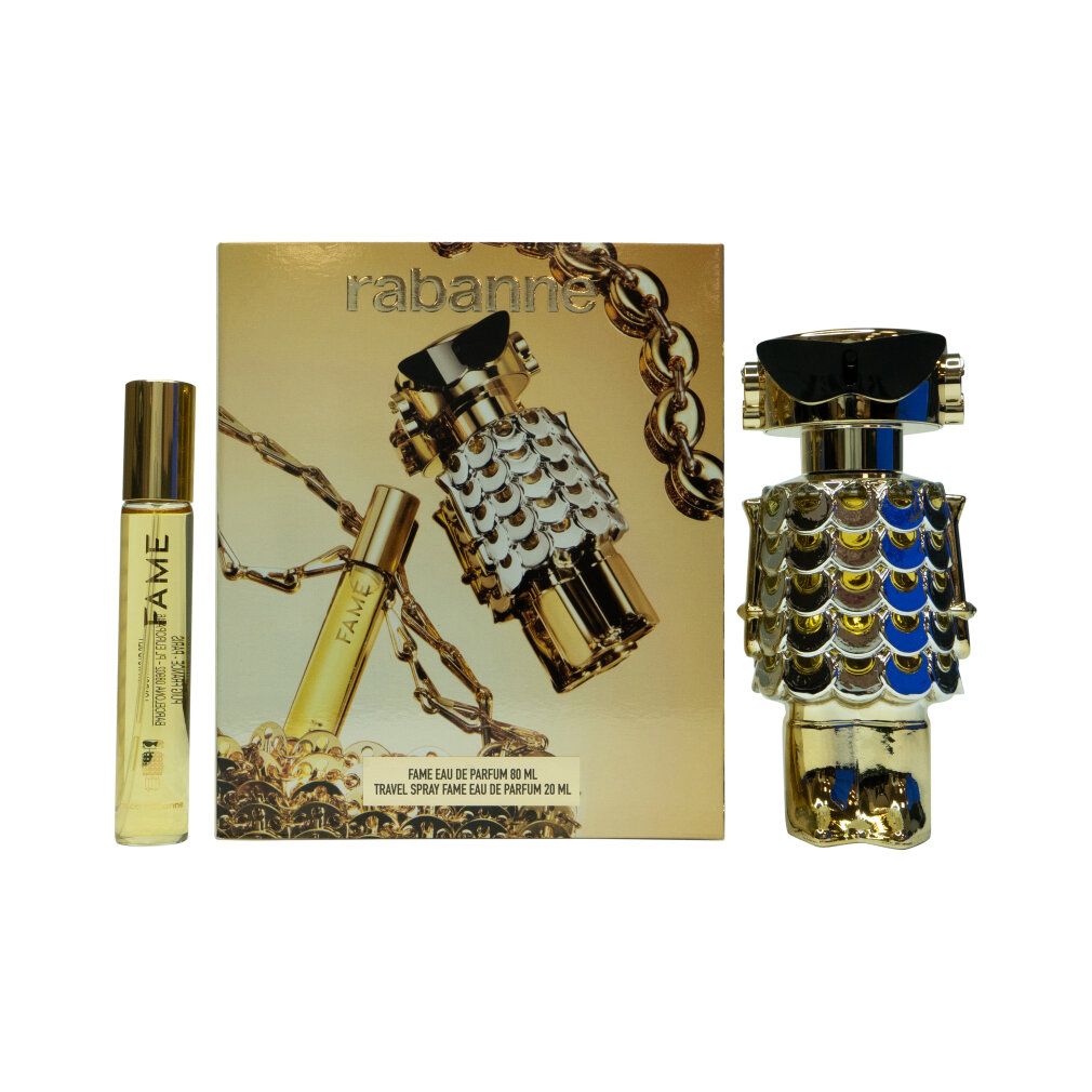 Paco Rabanne Fame Parfum Femme set met fles en reisverstuiver, gouden ketting.