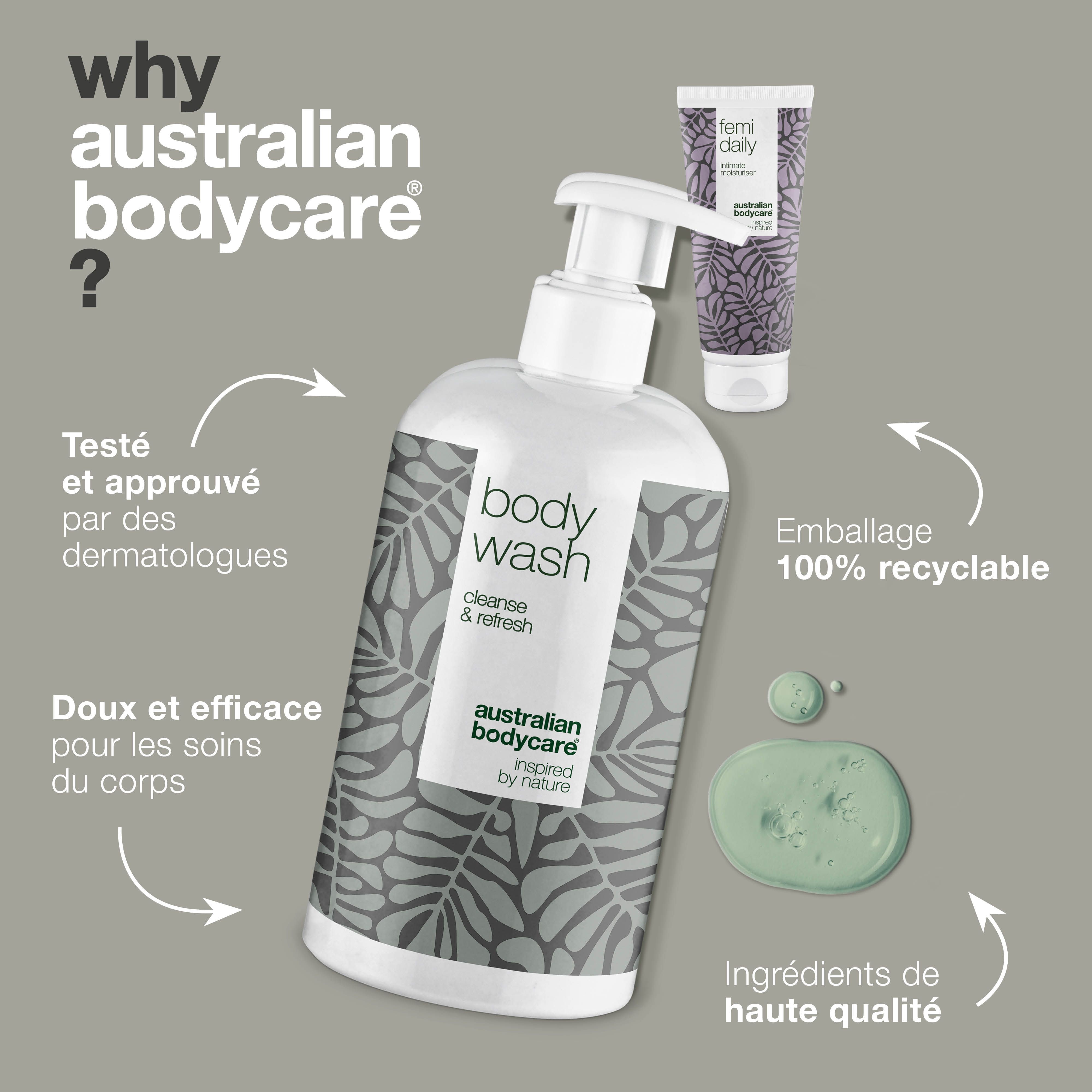 Gel douche et hydratant intime. Texte : 'Pourquoi Australian Bodycare ?'. Avantages et emballage.