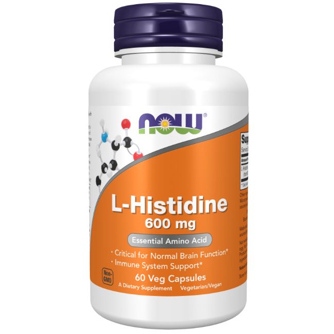 Now Foods L-Histidine 600 mg, 60 vegetarische capsules. Witte fles met oranje-wit etiket en blauwe dop.