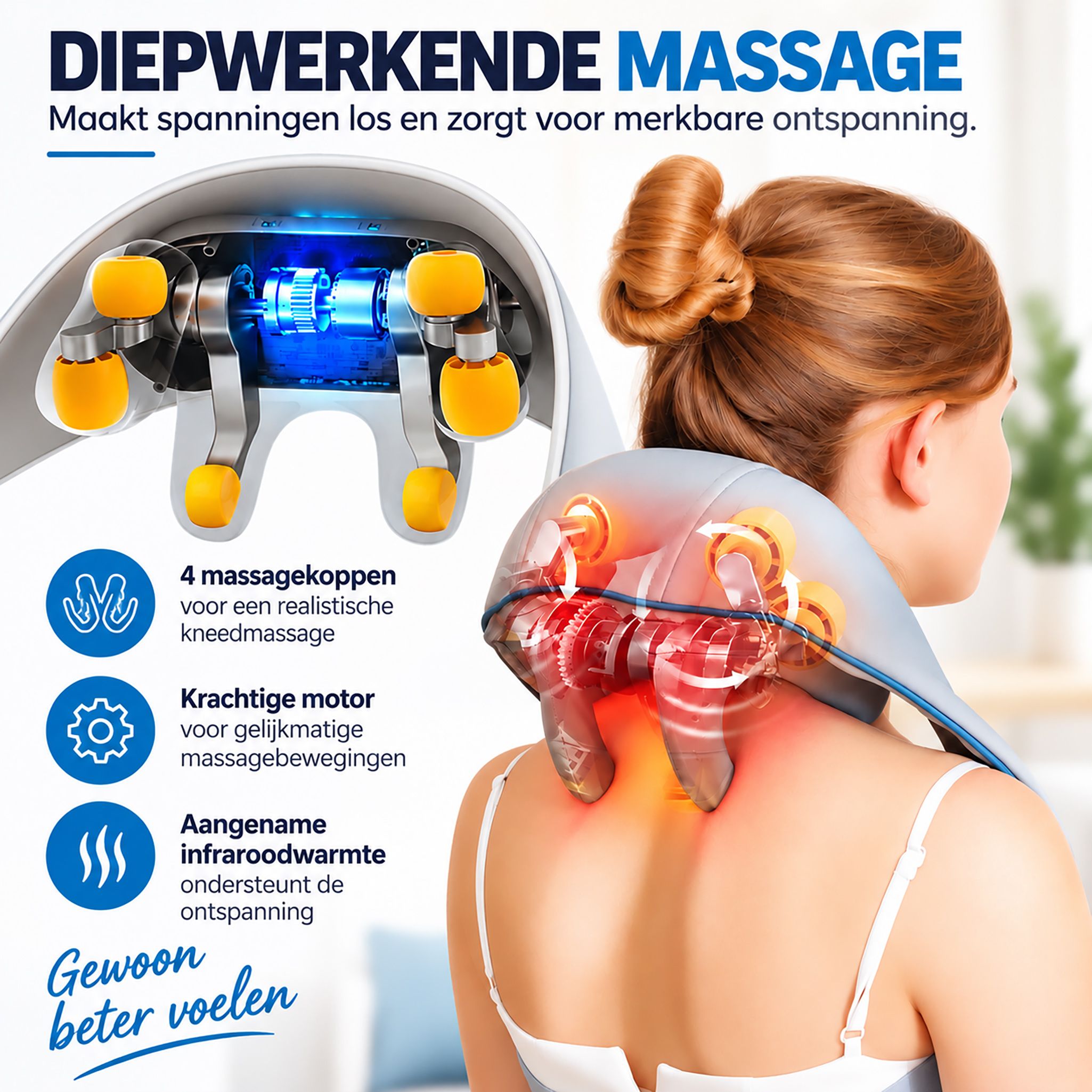 Close-up van de massagekoppen van de nekmassager, die nekmusculatuur simuleren.