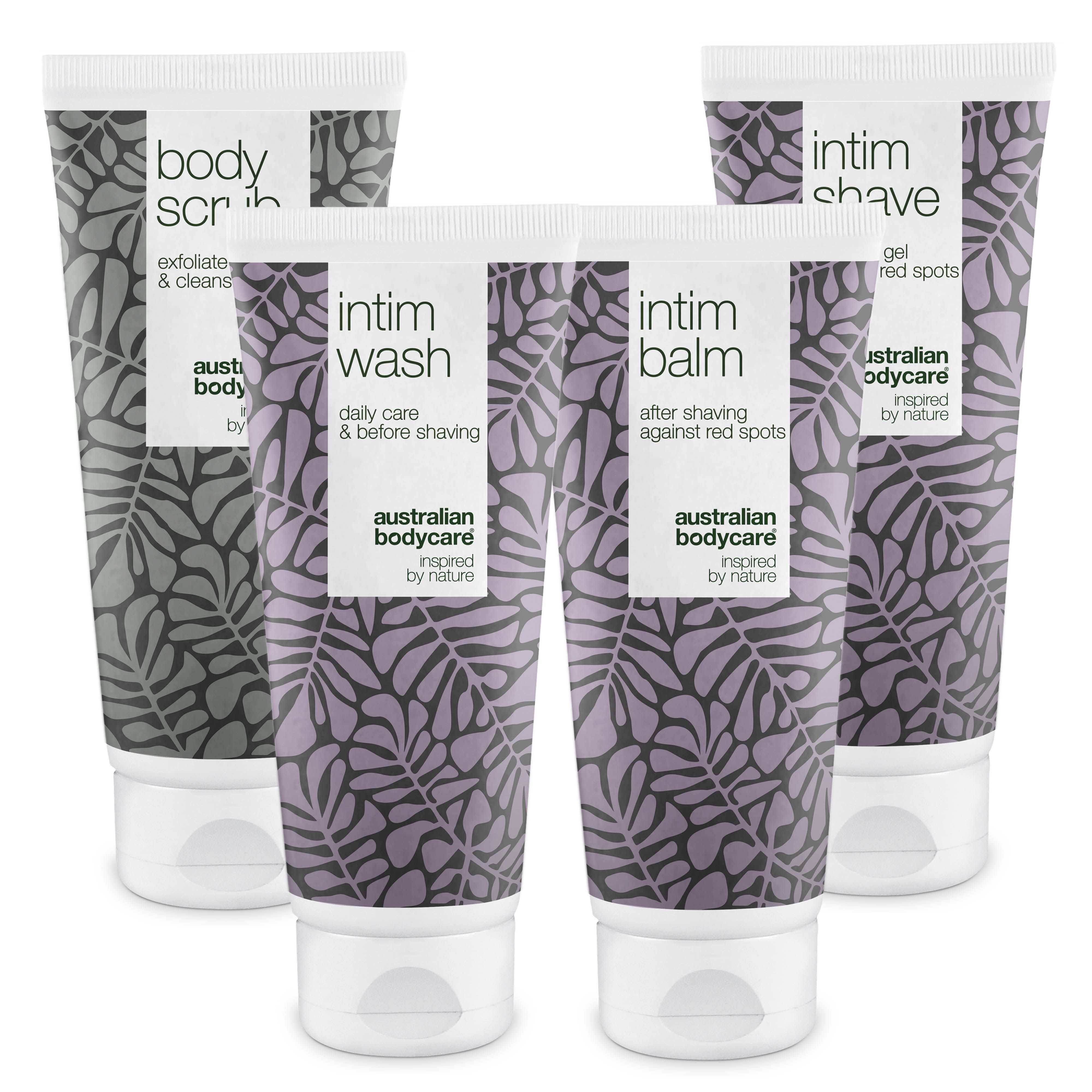 Quatre tubes de soins intimes. Design blanc et violet. Produits : Body Scrub, Intim Wash, Intim Balm, Intim Shave.