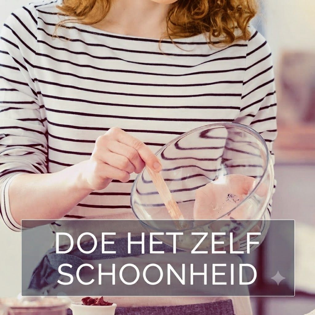 Vrouw mengt cosmetische ingrediënten in glazen kom met houten spatel.