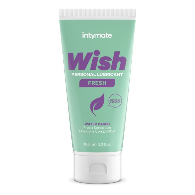 Groene tube met witte dop. Opschrift: intymate Wish, Personal Lubricant, Fresh. Bevat een natuurlijke formule. 100 ml.