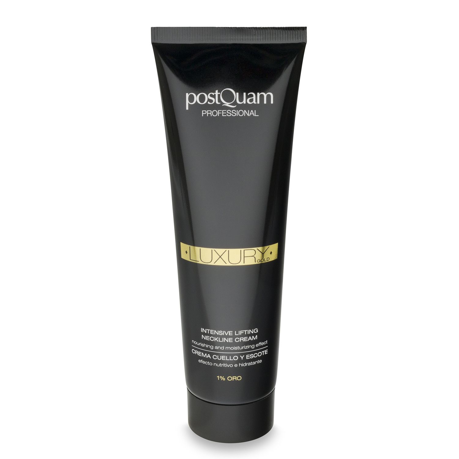 Tube noire avec texte doré. Inscription: Postquam Professional, Luxury, Intensive Lifting Neckline Cream, 1% Gold.