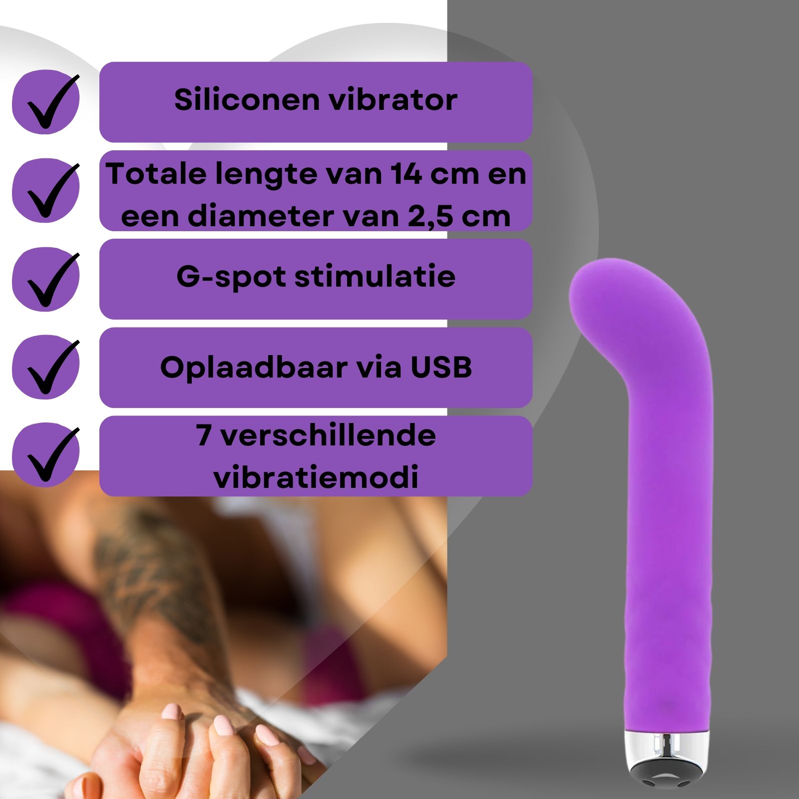 Paarse vibrator. Tekst met kenmerken: siliconen, 14cm lang, 2,5cm diameter, G-spot, USB, 7 standen.